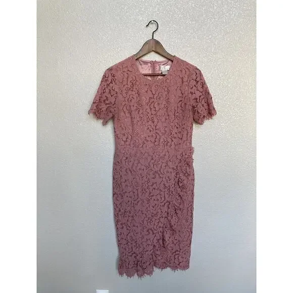 Rachel Parcell Pink Lace Dress Size Medium Knee Length Short Sleeve Ruffle - Picture 2 of 8